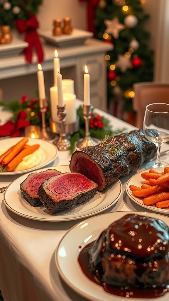 Romantic Christmas Dinner Recipe A romantic Christmas dinner table with prime rib, mashed potatoes, carrots, and chocolate lava cake.